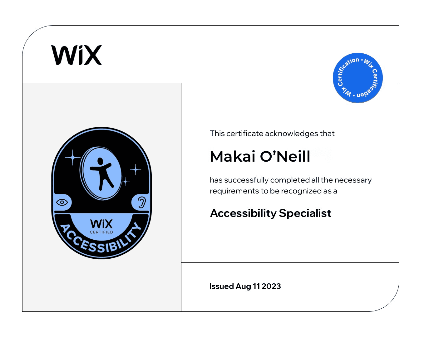 Wix Accessibility Certificate certificate