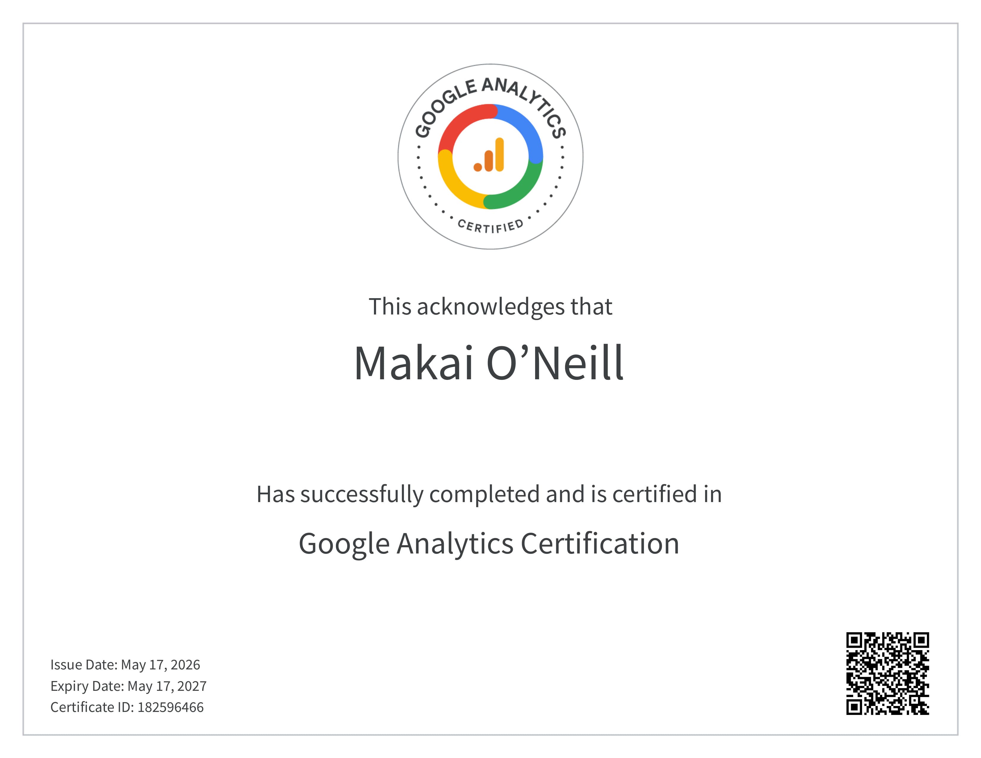 Google Analytics Certification certificate