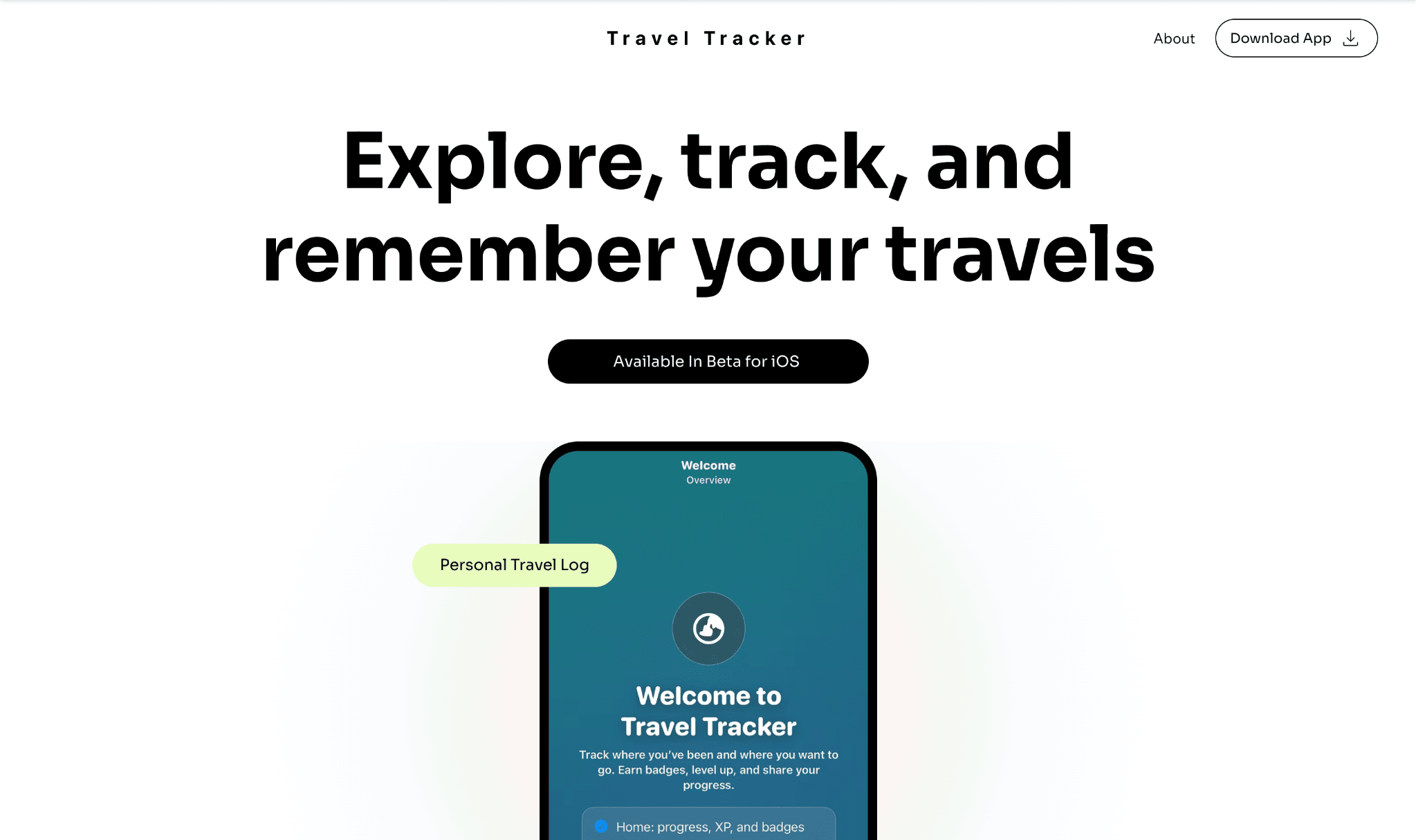 Travel Tracker website preview showing the Explore, track, and remember your travels hero and iPhone app preview